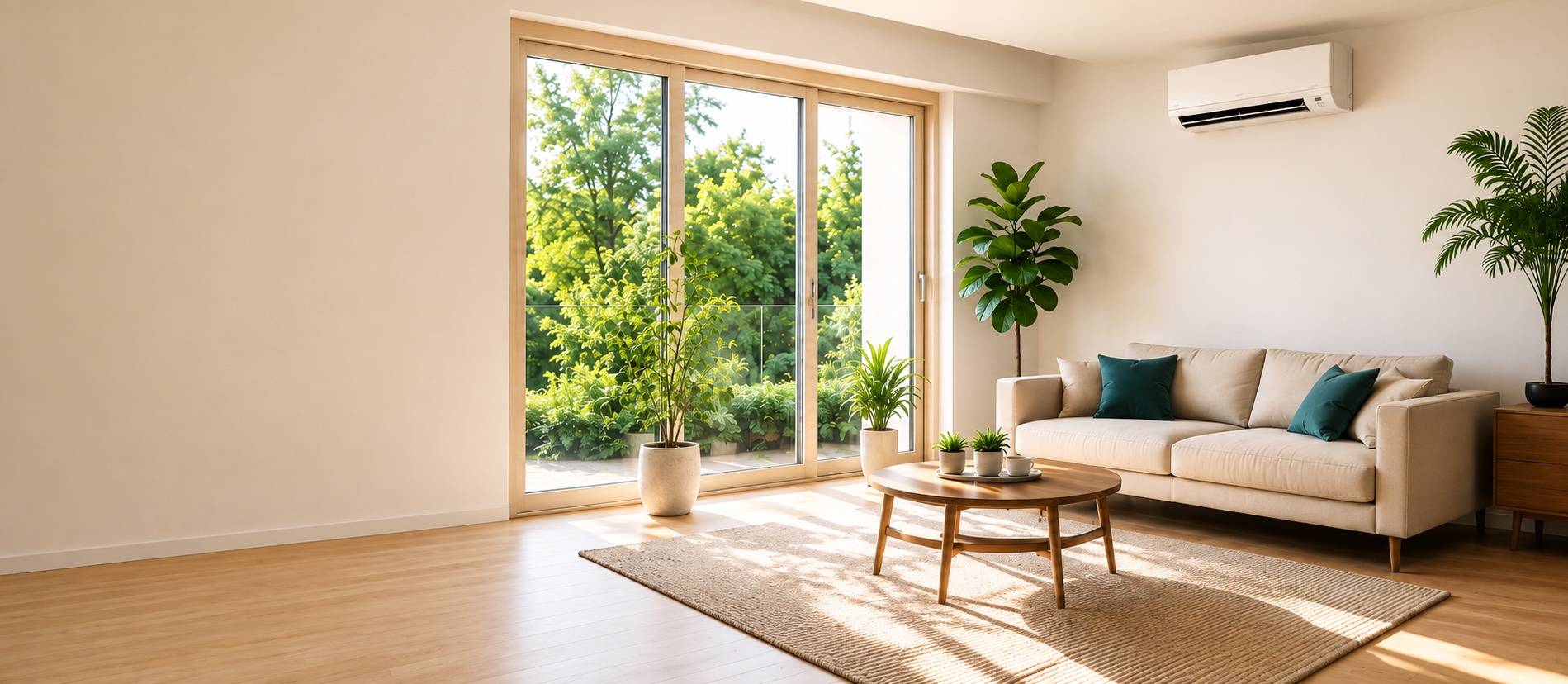 Modernes Wohnzimmer mit angenehmem Raumklima, großer Fensterfront und Klimaanlage