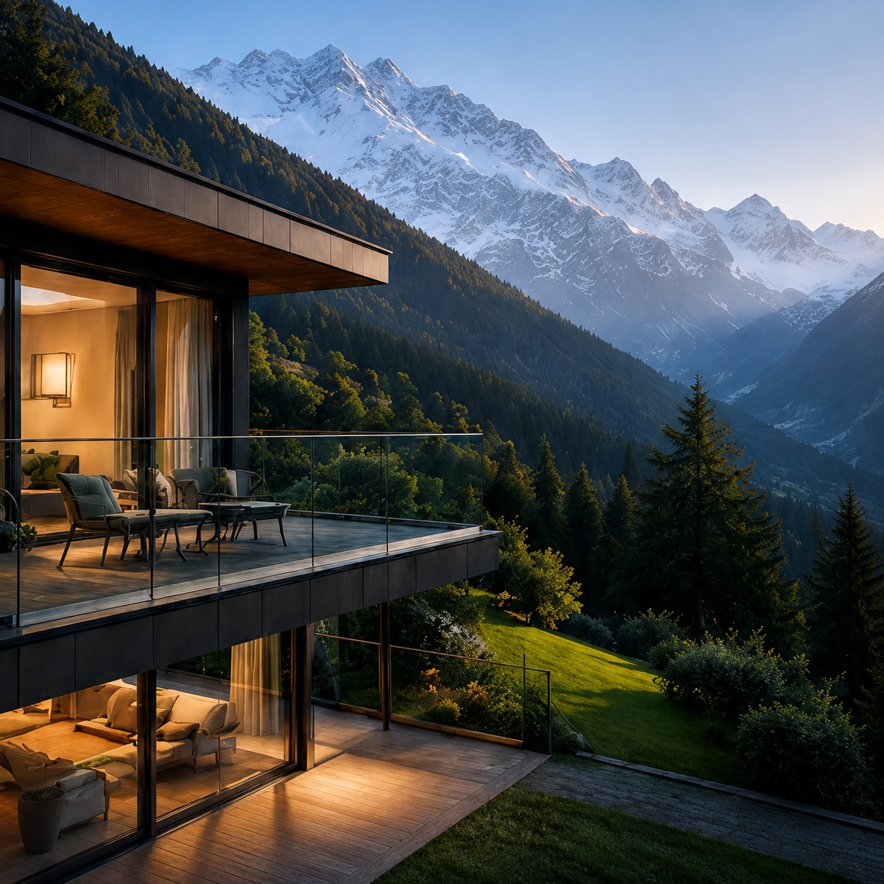 Modernes Haus mit Blick auf verschneite Berge