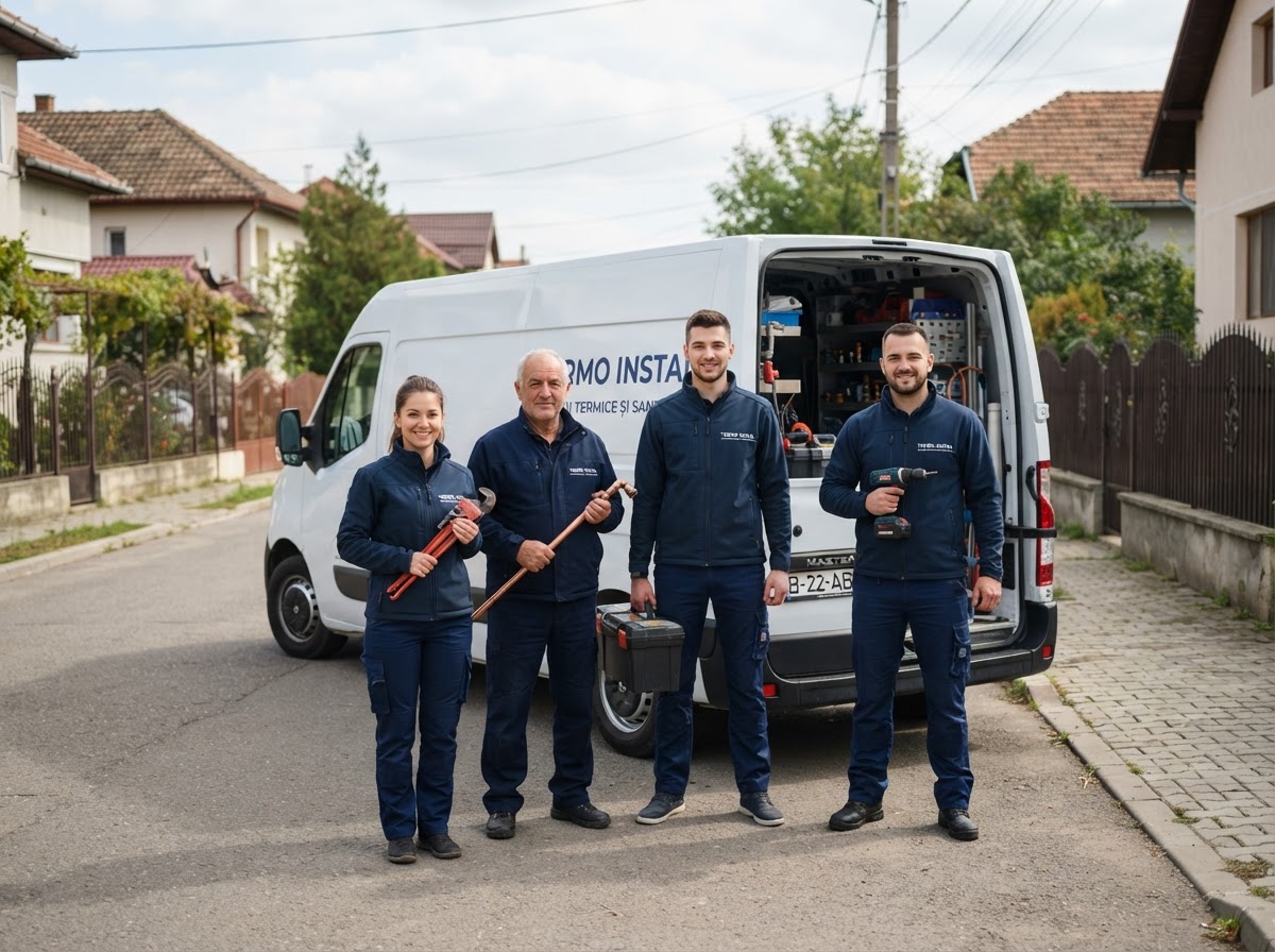 Echipa Gamaro Systems Instal — instalatori profesioniști în fața dubei de service