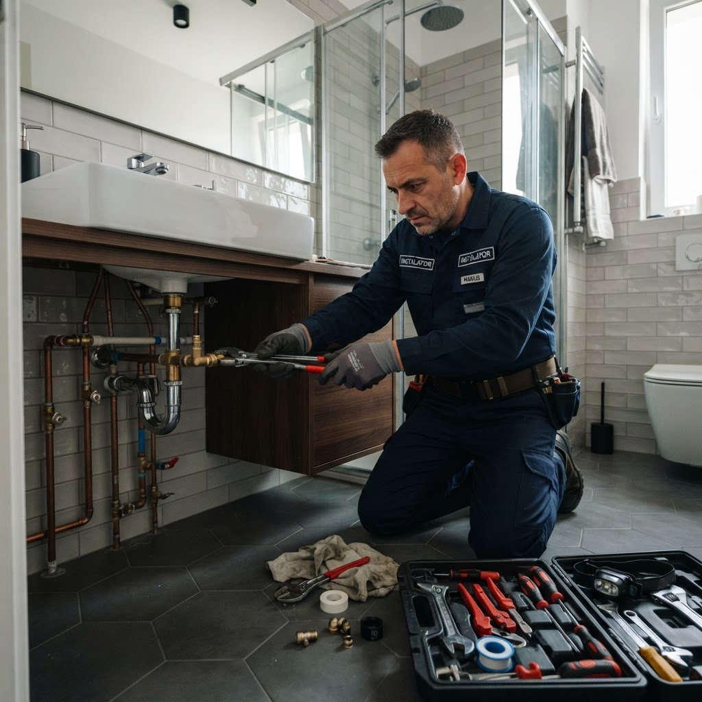 Instalator în uniformă albastră lucrând la țevile dintr-o baie modernă