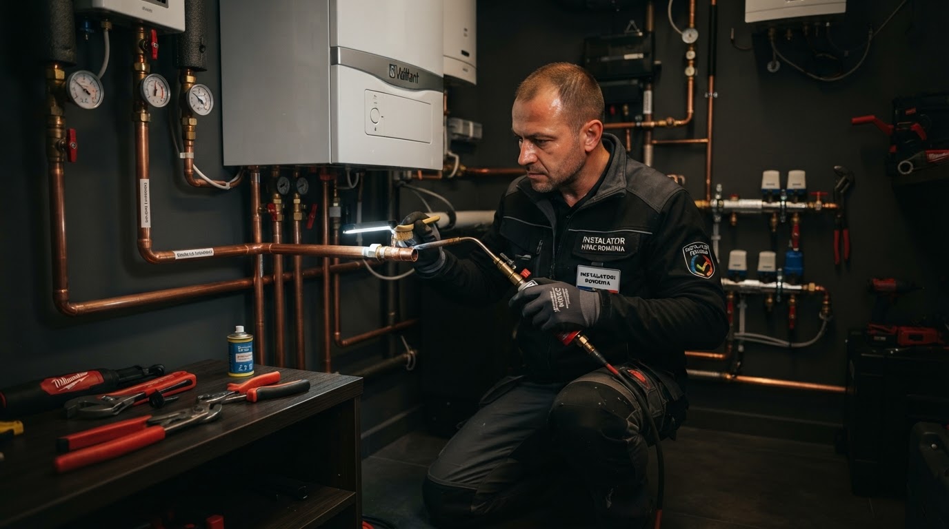 Instalator profesionist lucrând la instalații sanitare și termice într-o casă modernă