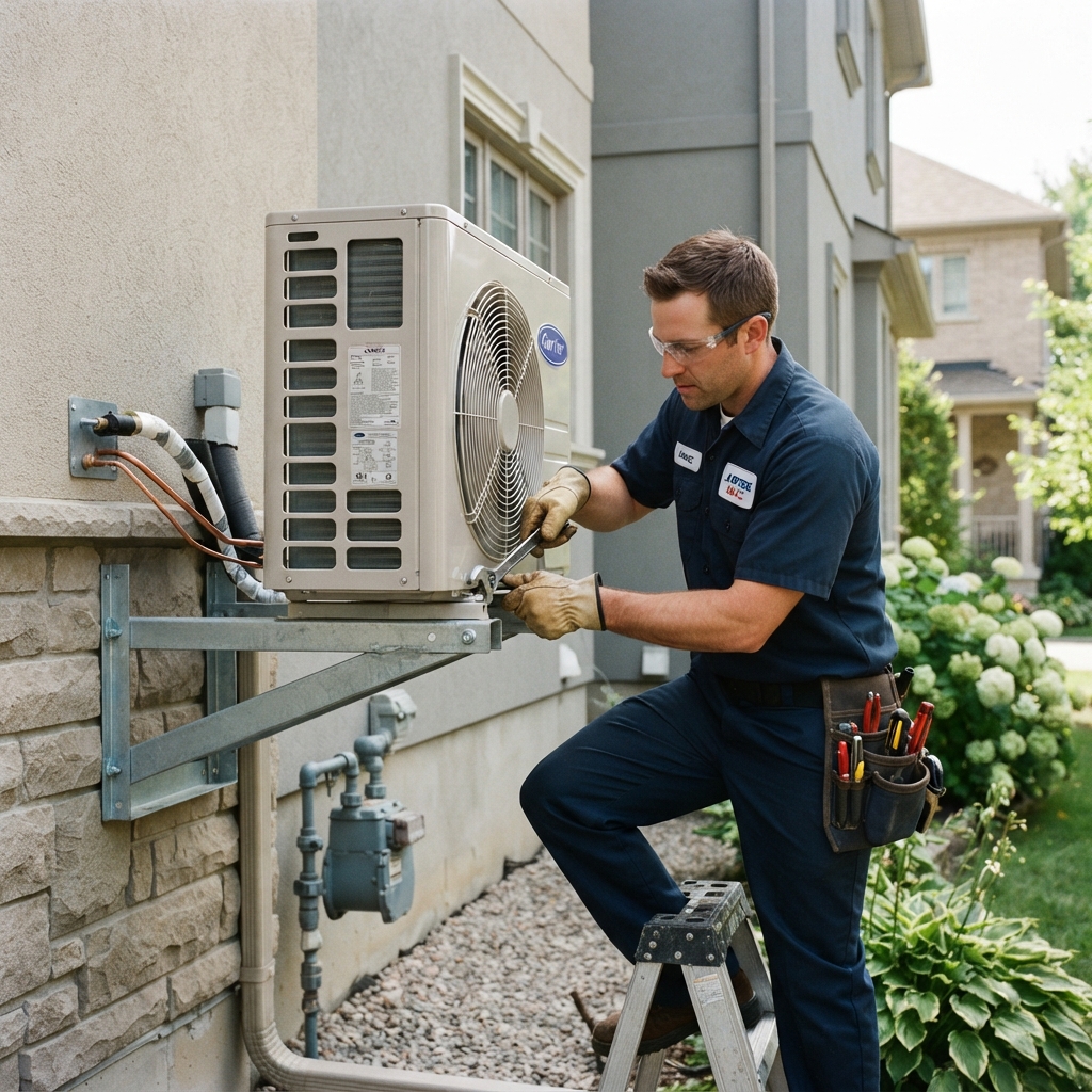 Tehnician HVAC în uniformă albastră montând unitatea exterioară de aer condiționat