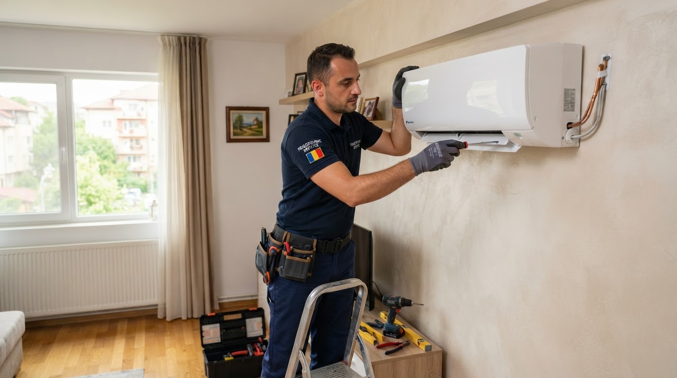 Tehnician montând un aparat de aer condiționat într-o locuință