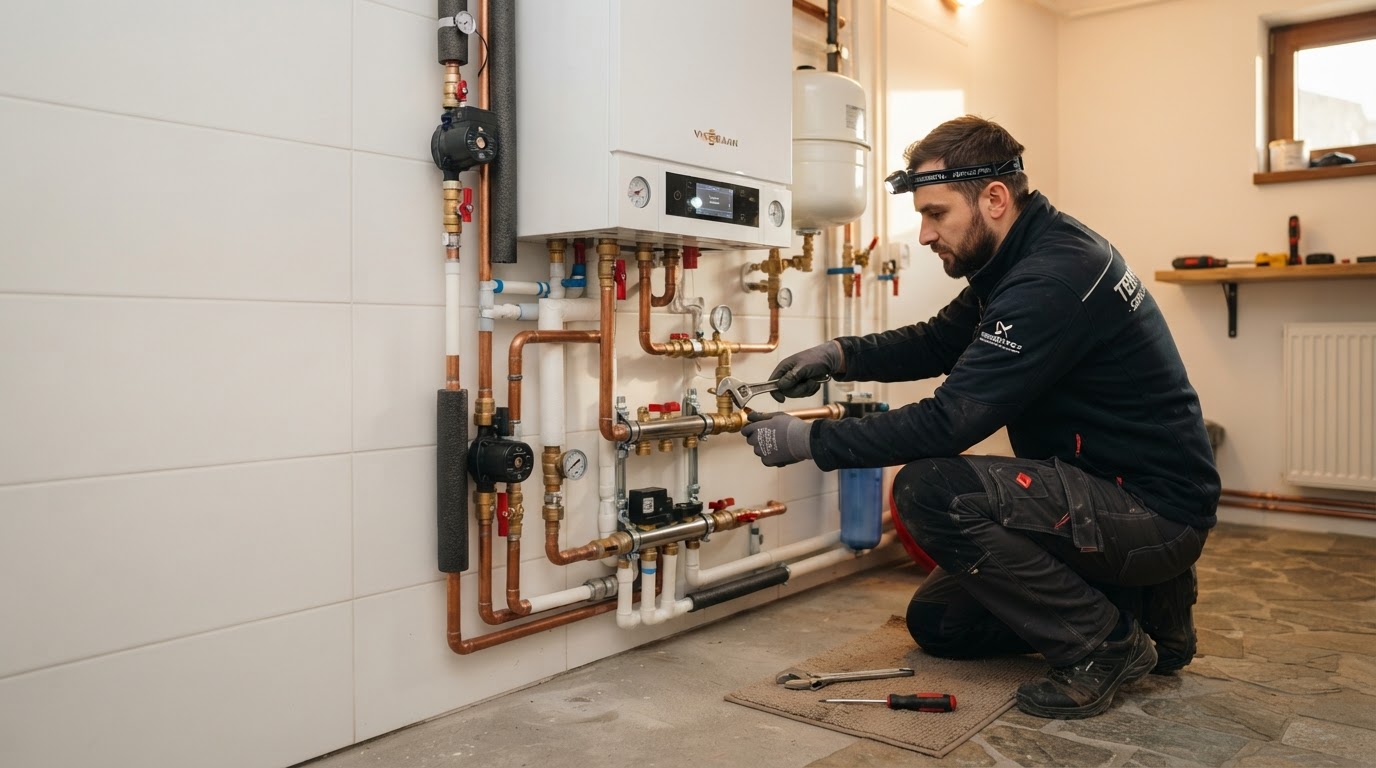 Instalator profesionist lucrând la o instalație termică curată și ordonată