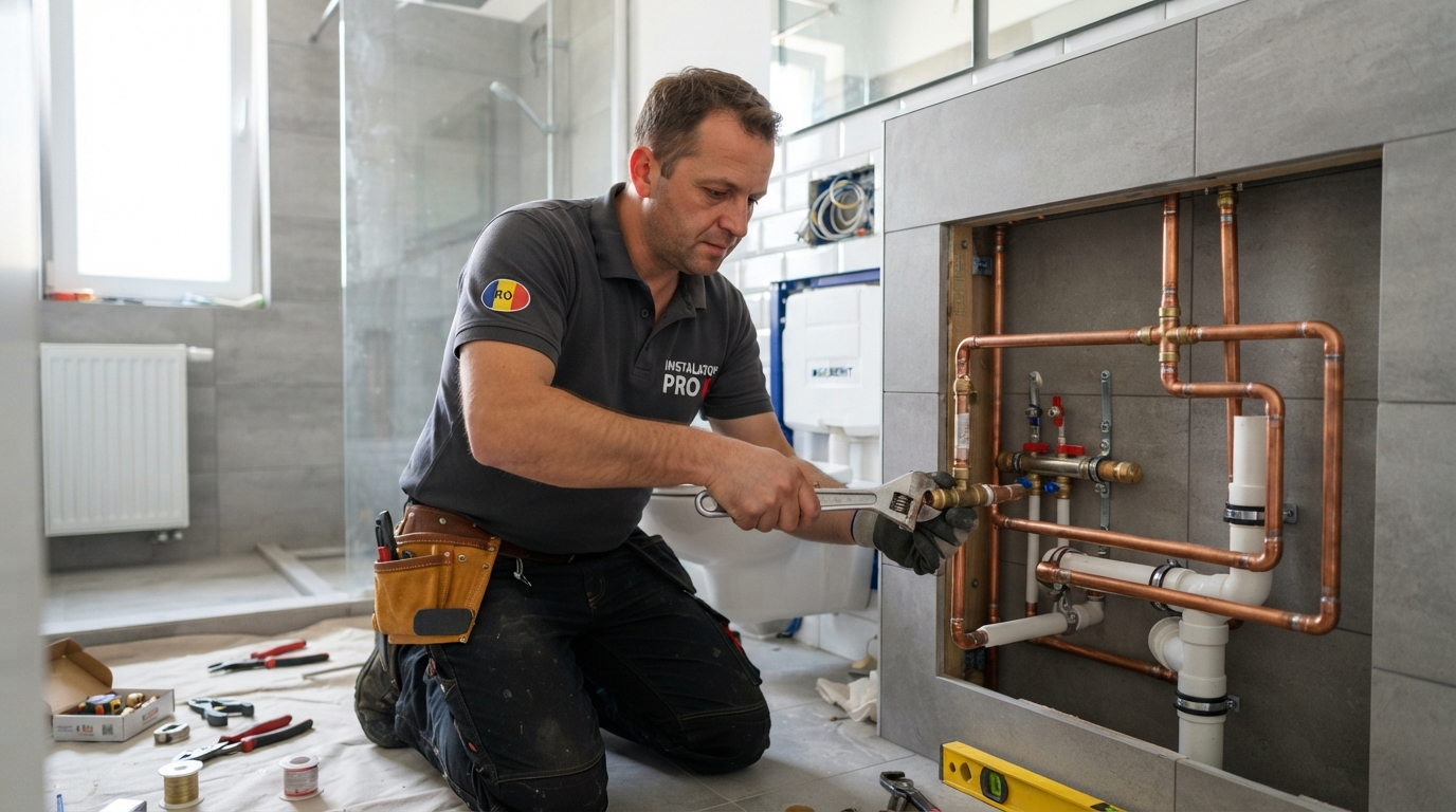 Instalator profesionist montând țevi într-o baie modernă