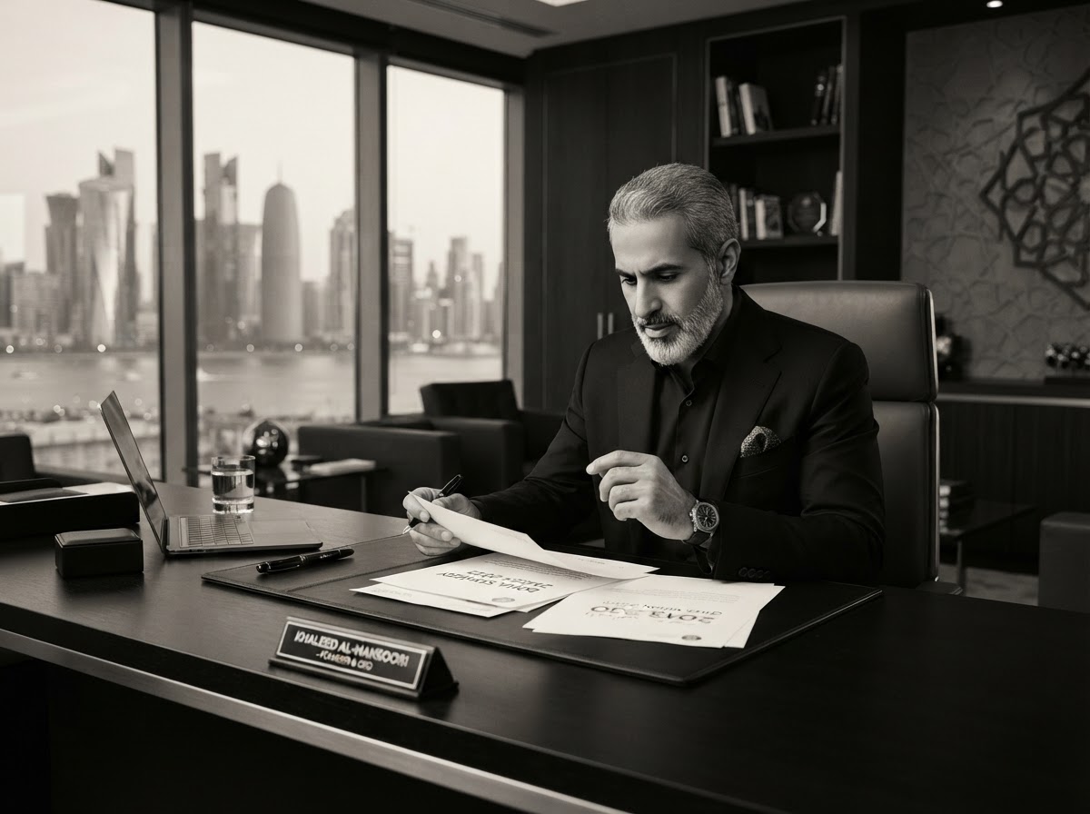 Business owner reviewing strategy in a professional office in Doha, Qatar