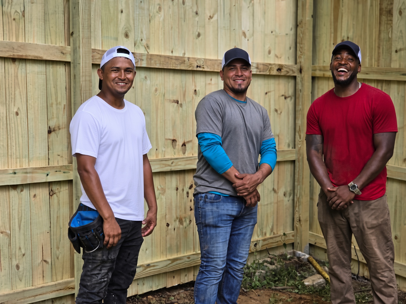 Fence Commandos Jupiter installation crew standing by a wood privacy fence