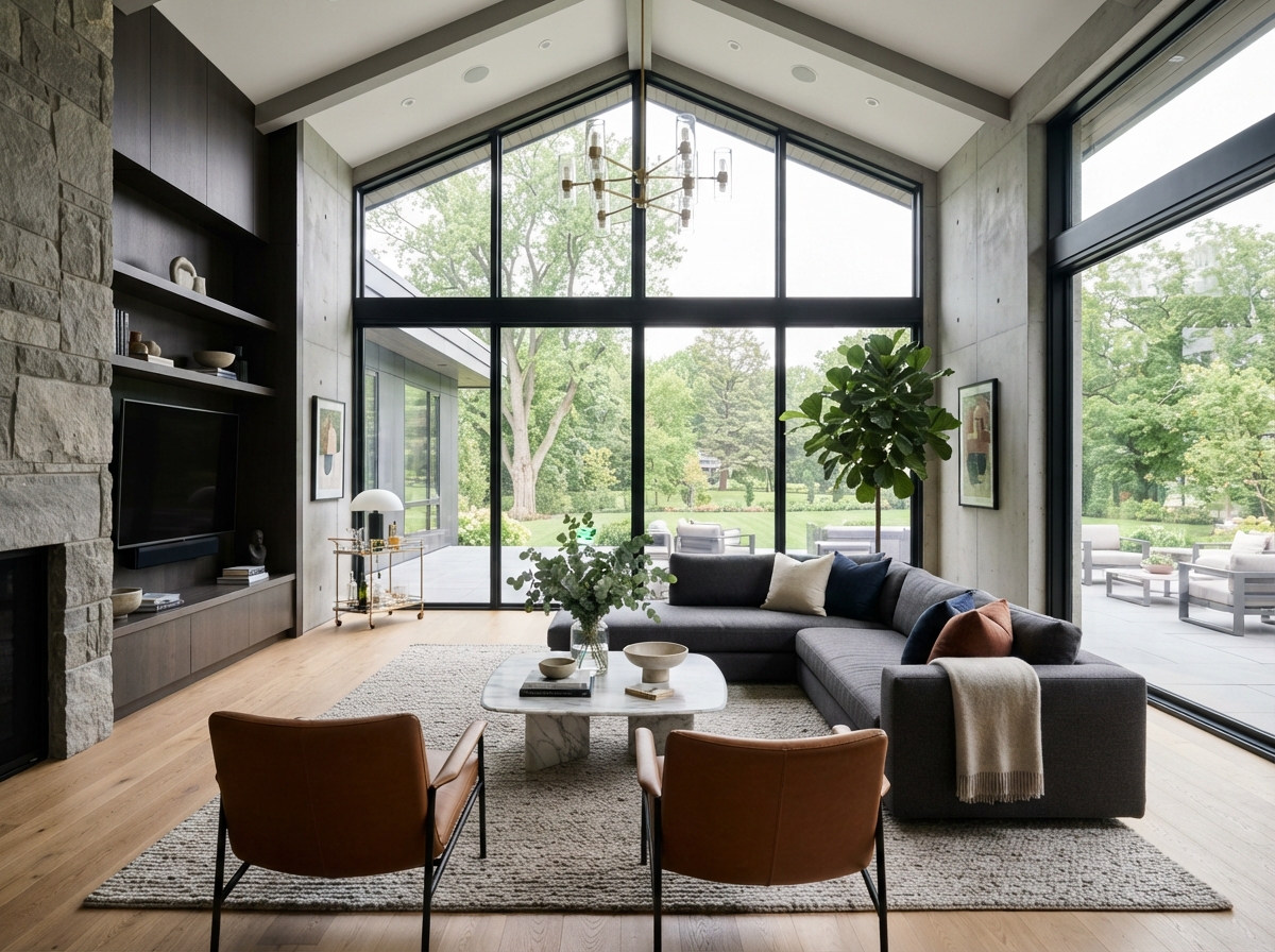 HDR interior photograph of a luxury living room with balanced exposure