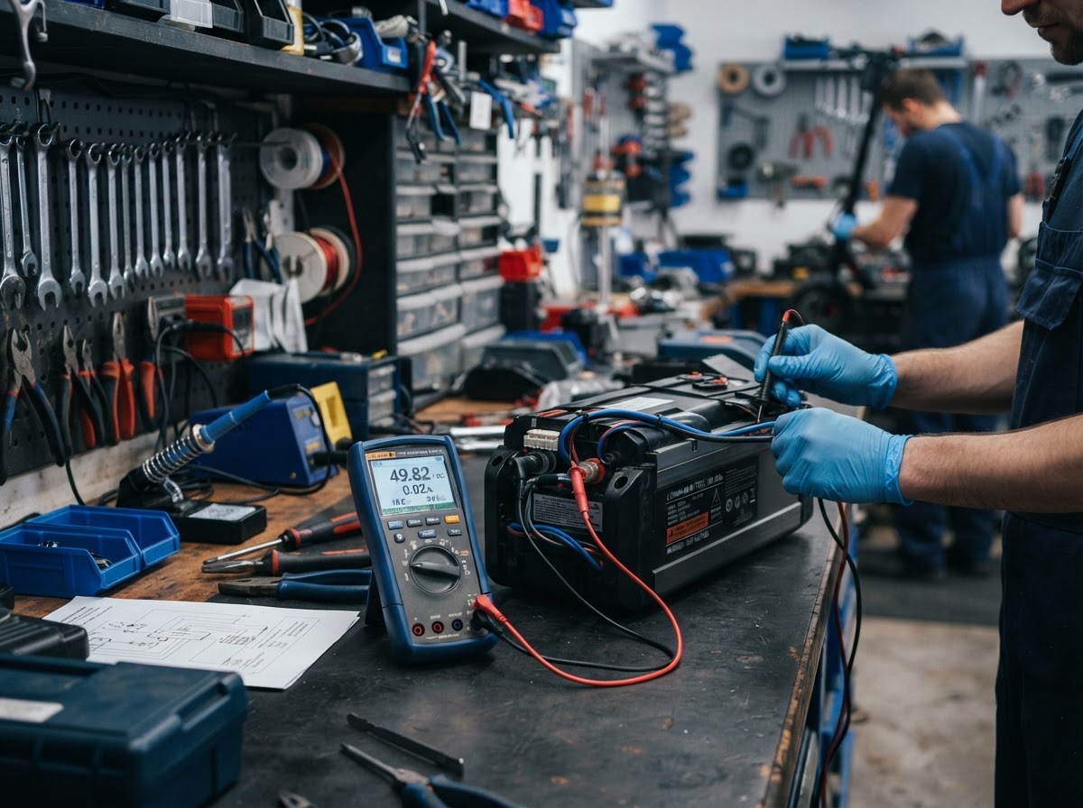 Lithium battery pack being tested with diagnostic meter