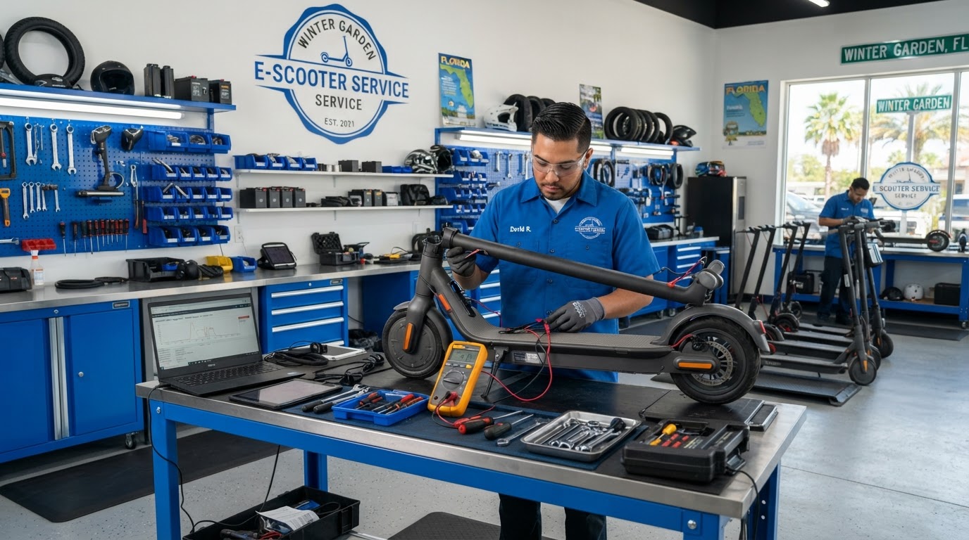 Scooter Repair technician diagnosing an electric scooter at the Winter Garden workshop for Bithlo, Orange County riders