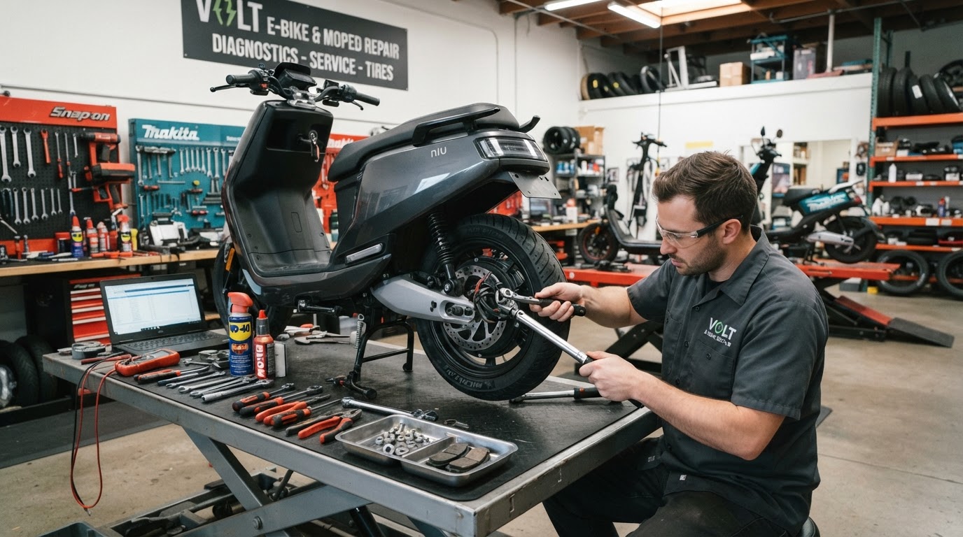 Electric moped scooter on a workbench being repaired at Scooter Repair Winter Garden