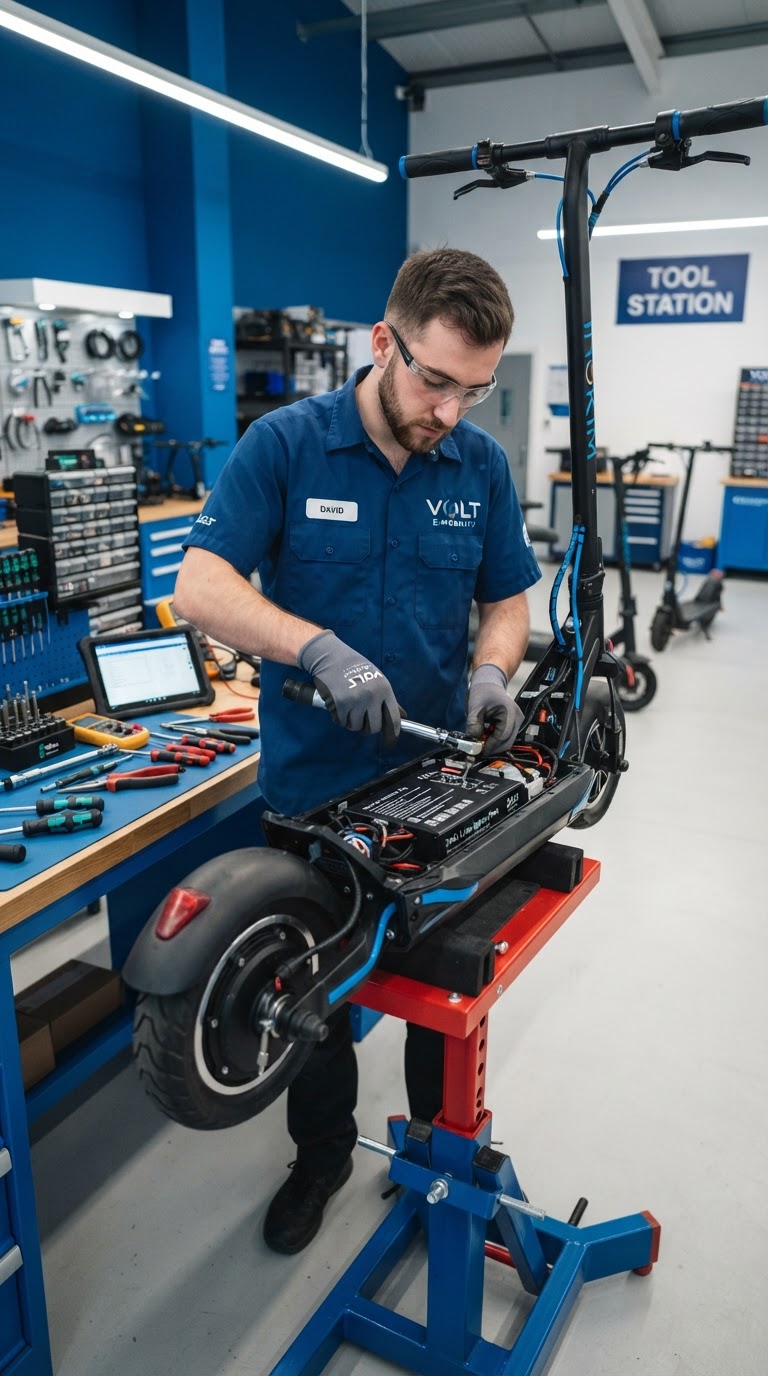 Scooter Repair technician repairing an electric scooter in a Winter Garden workshop