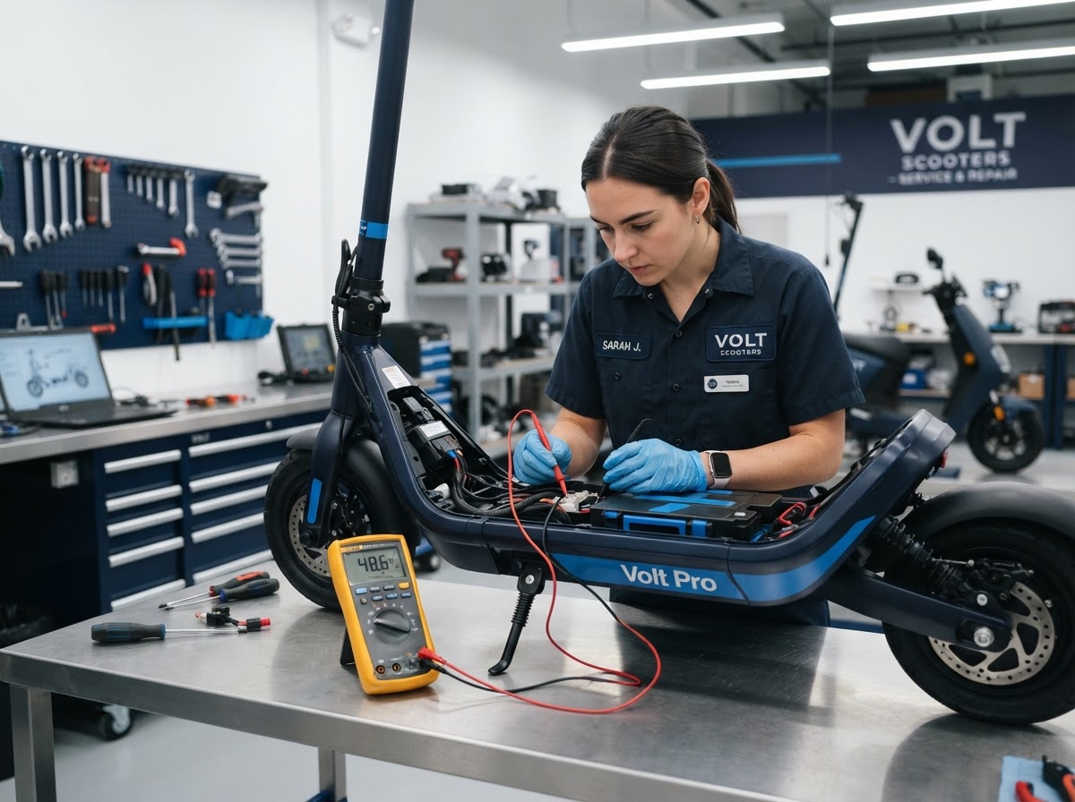 Technician diagnosing an electric scooter in the repair shop