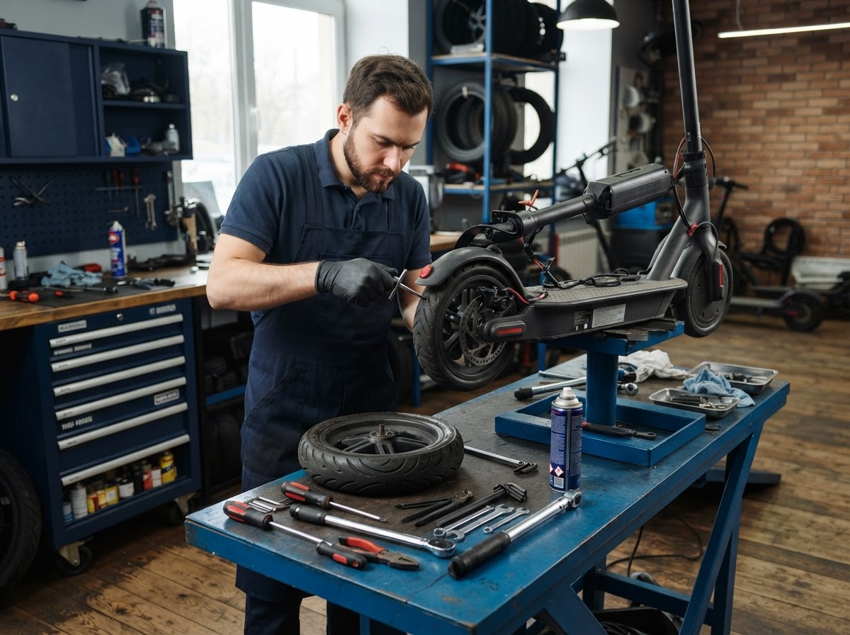 Mechanic repairing disc brakes and tire on an electric scooter