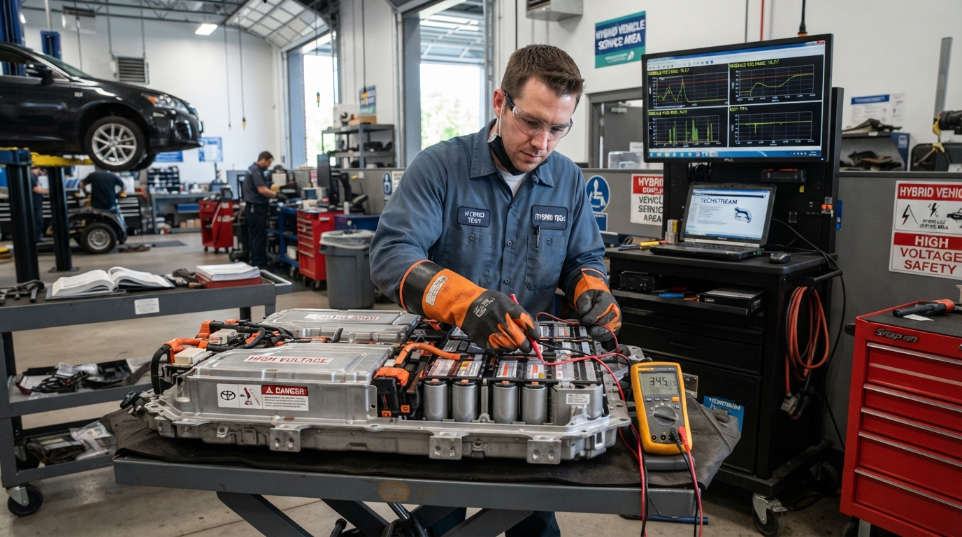 Hybrid car battery pack being inspected at Scooter Repair Winter Garden