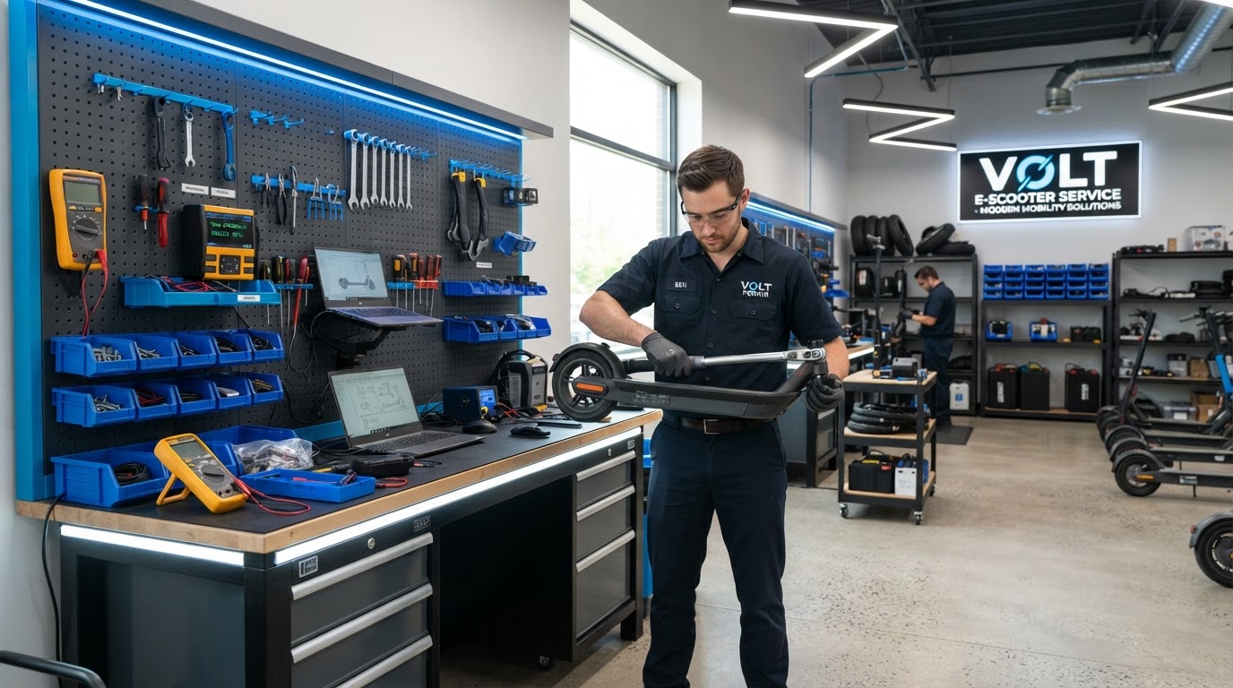 Scooter Repair technician working on an electric scooter in a modern Winter Garden workshop