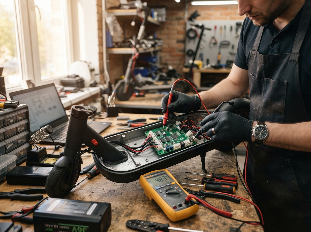 Scooter Repair technician diagnosing an electric scooter controller board with a multimeter in Winter Garden FL workshop
