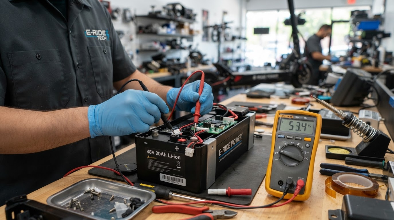 Lithium battery pack being tested with diagnostic equipment at Scooter Repair Winter Garden