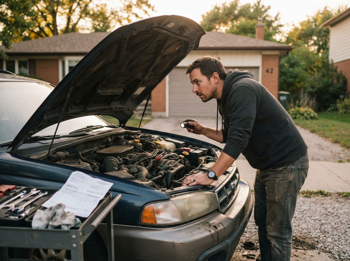 Person checking under the hood of a car