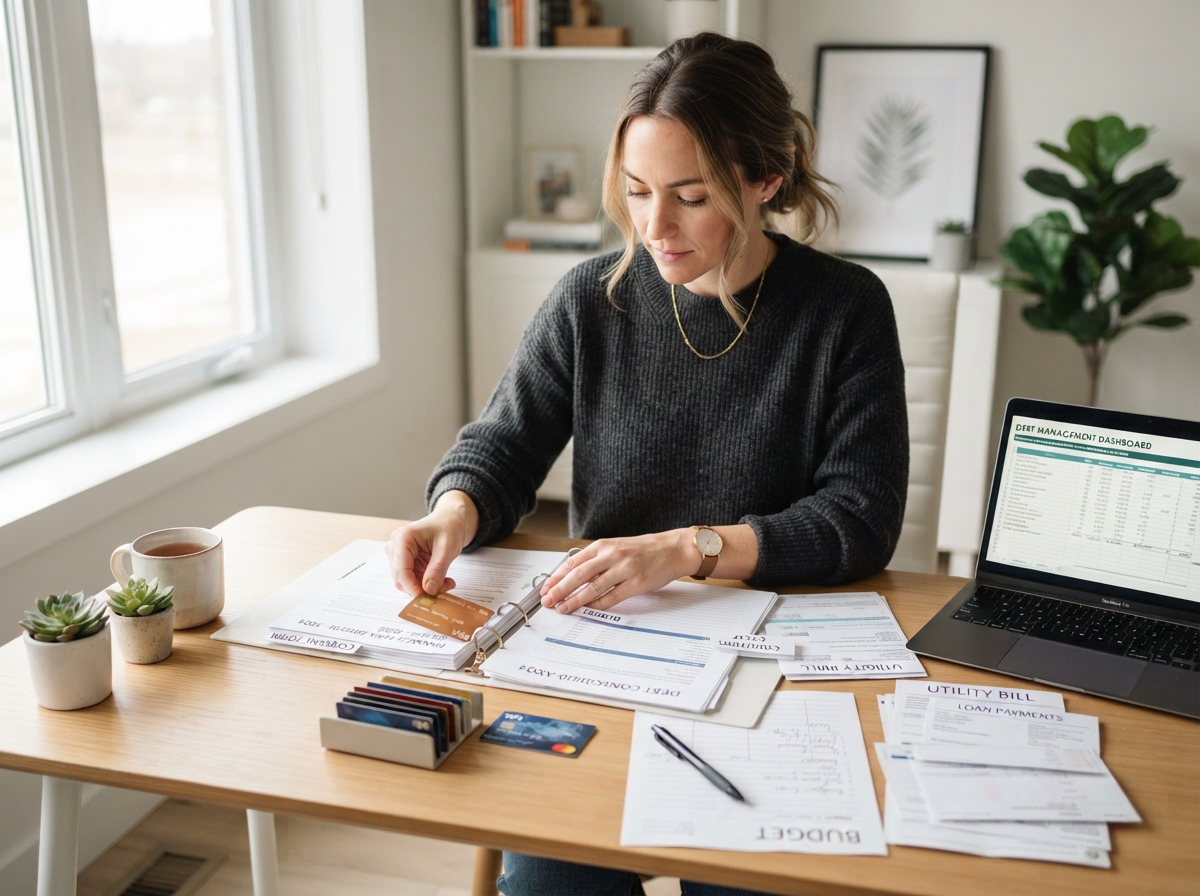 Organizing paperwork and credit cards on a desk