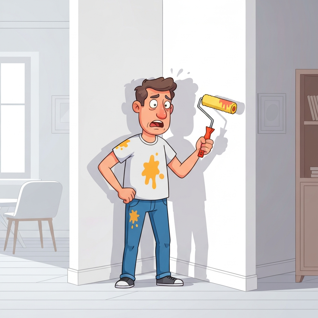 Cartoon homeowner painting themselves into a corner