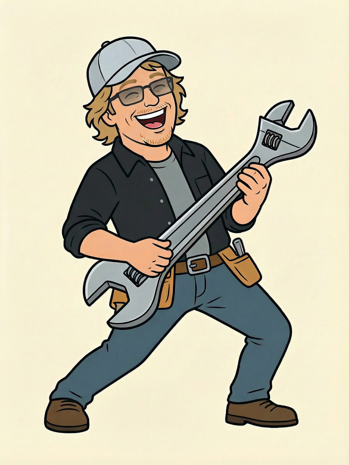 Cartoon handyman with blonde wavy hair, glasses, grey cap, and black shirt playing a wrench like a guitar