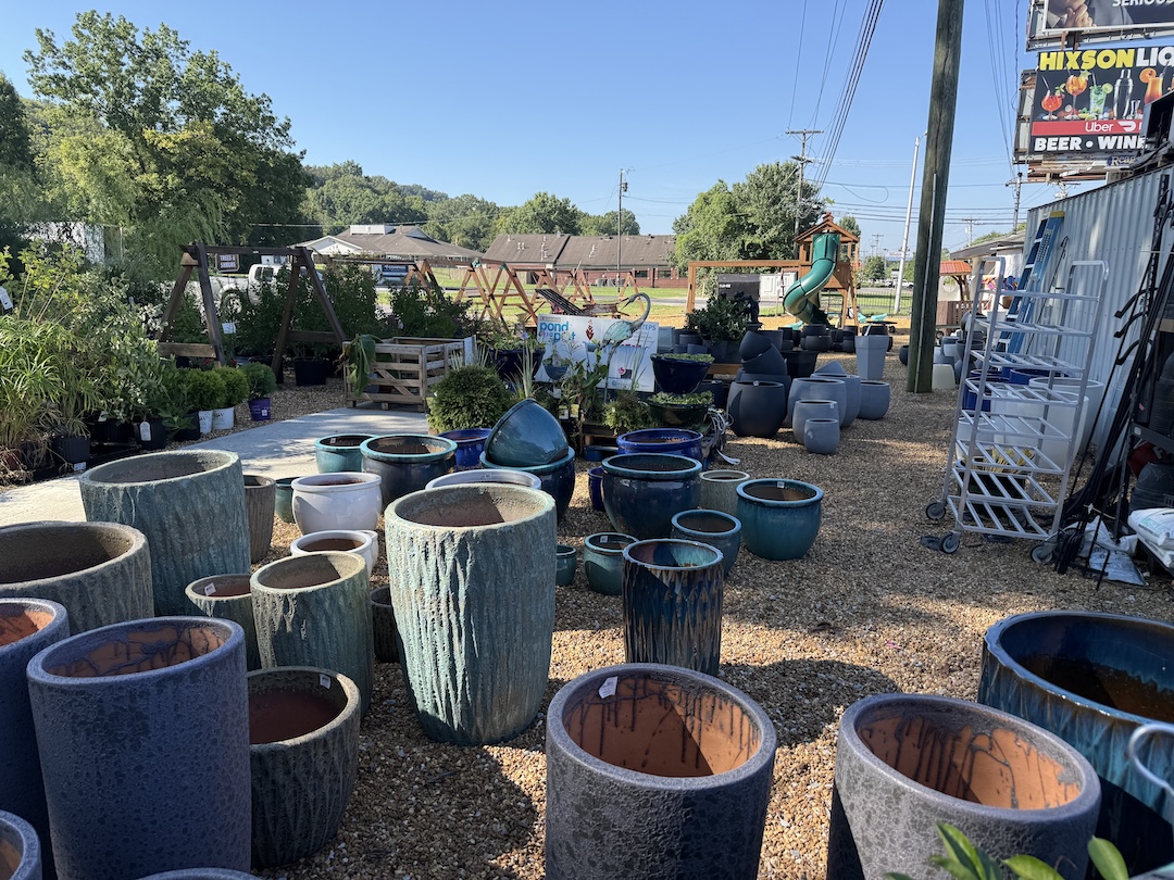 Wide view of the full outdoor pot display area with many sizes and styles available
