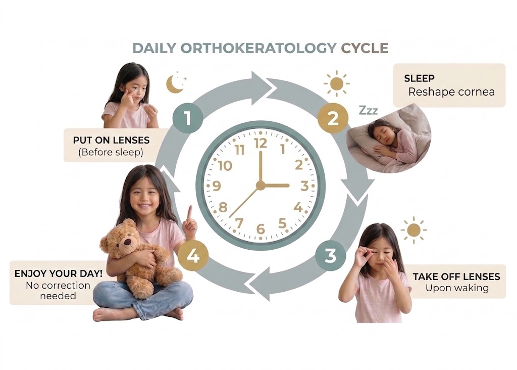 Daily Orthokeratology Cycle infographic showing 4 steps: Put on lenses before sleep, Sleep to reshape cornea, Take off lenses upon waking, Enjoy your day with clear vision