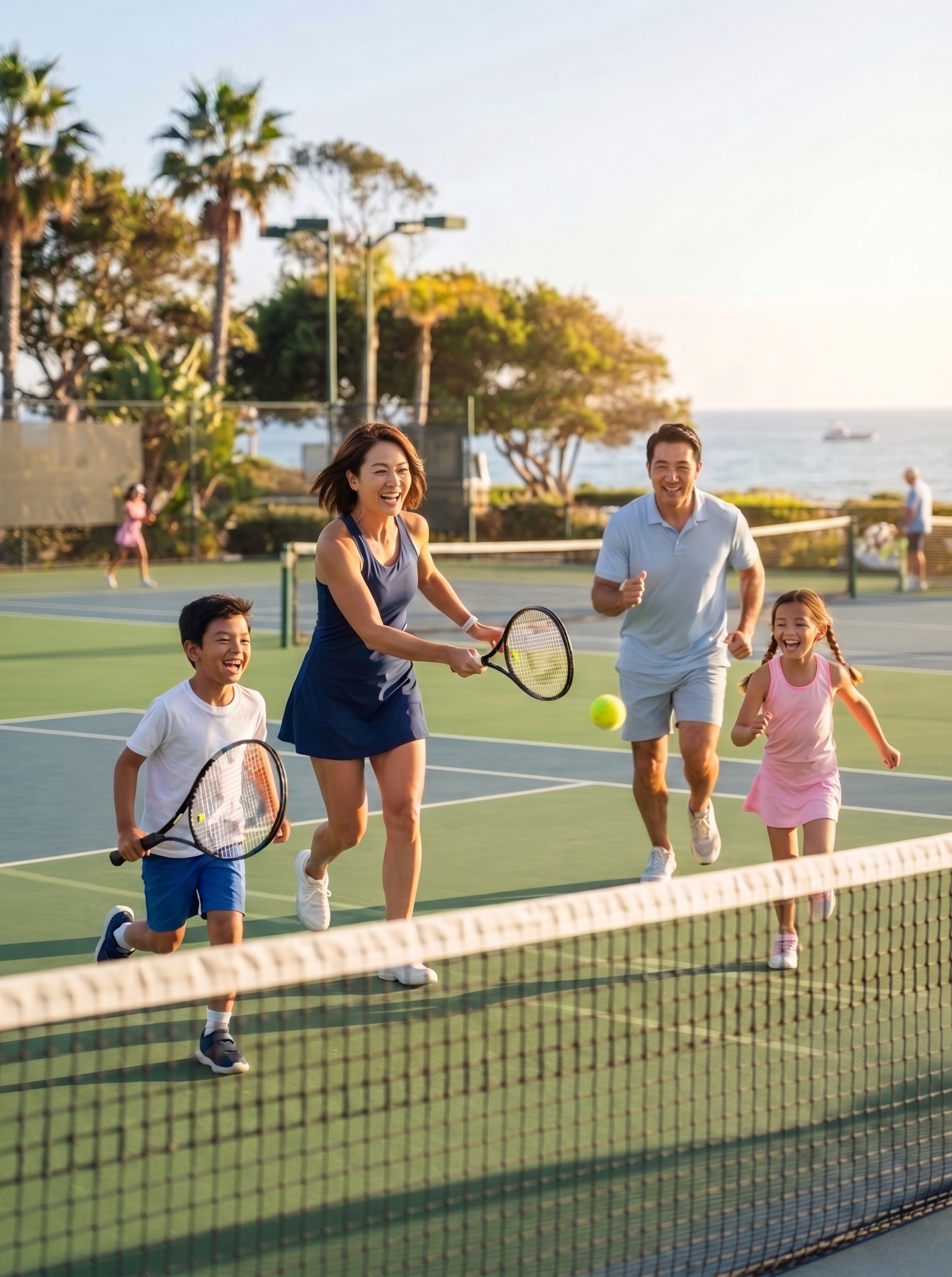Happy family playing tennis together outdoors - representing clear vision and active lifestyle with Ortho-K