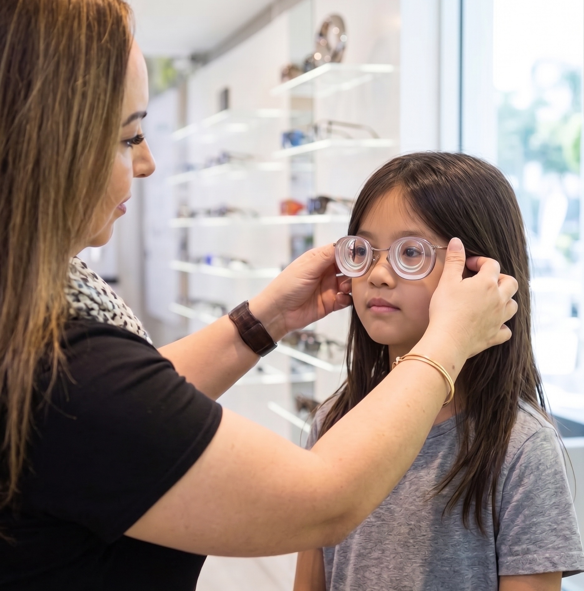 Eye Philosophy optometrist helping young patient try on glasses during Ortho-K consultation