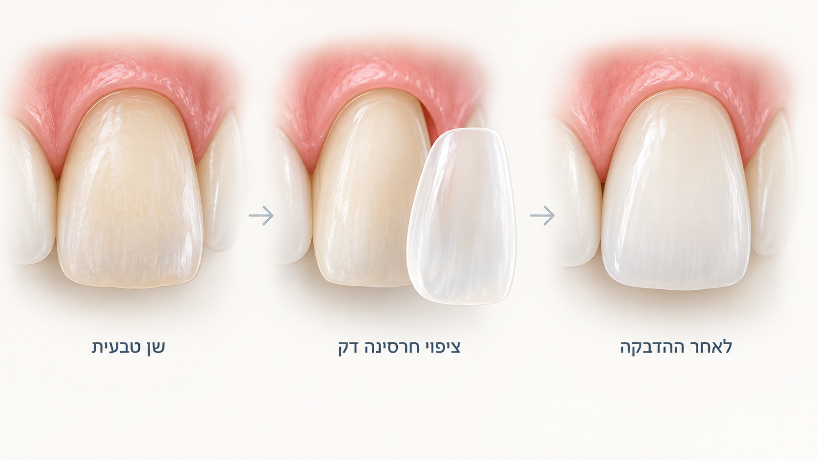 המחשה של ציפוי חרסינה דק המודבק לחלק הקדמי של השן