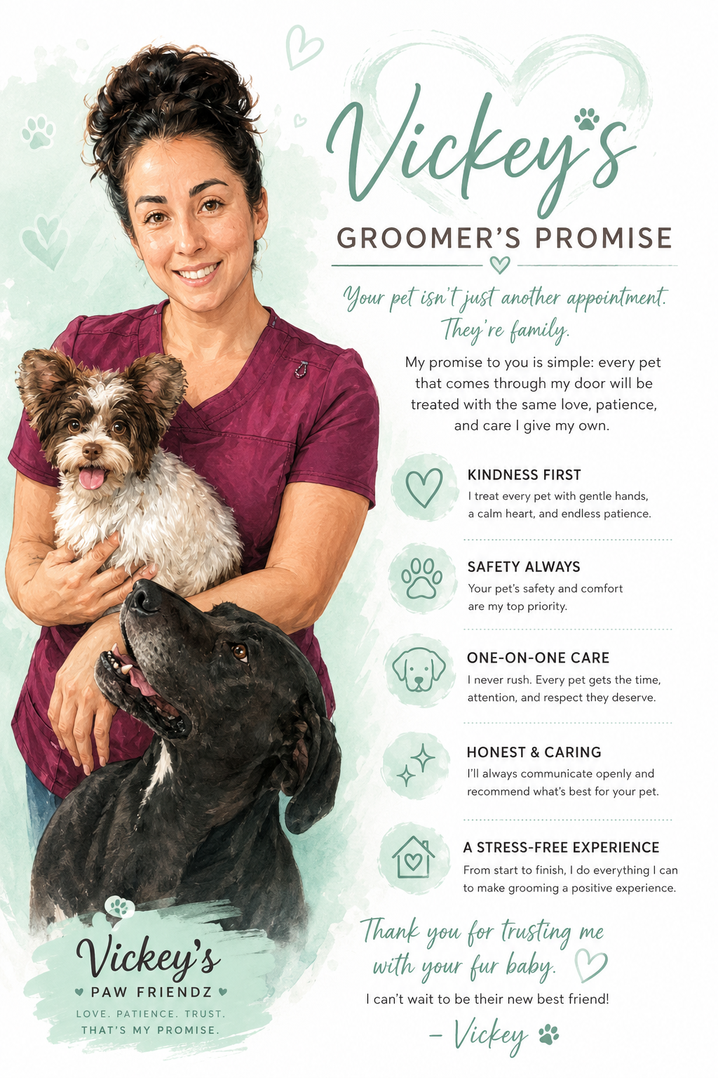 Vickey holding a happy dog - Vickey's Groomer's Promise