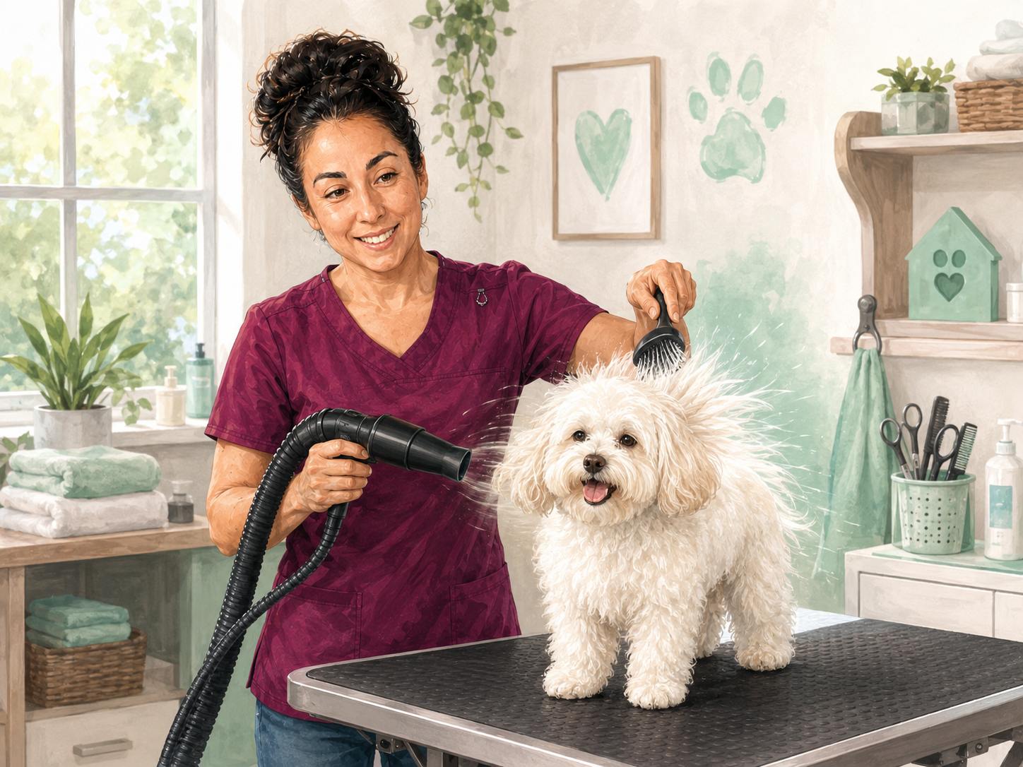Vickey gently drying a freshly bathed pup with care