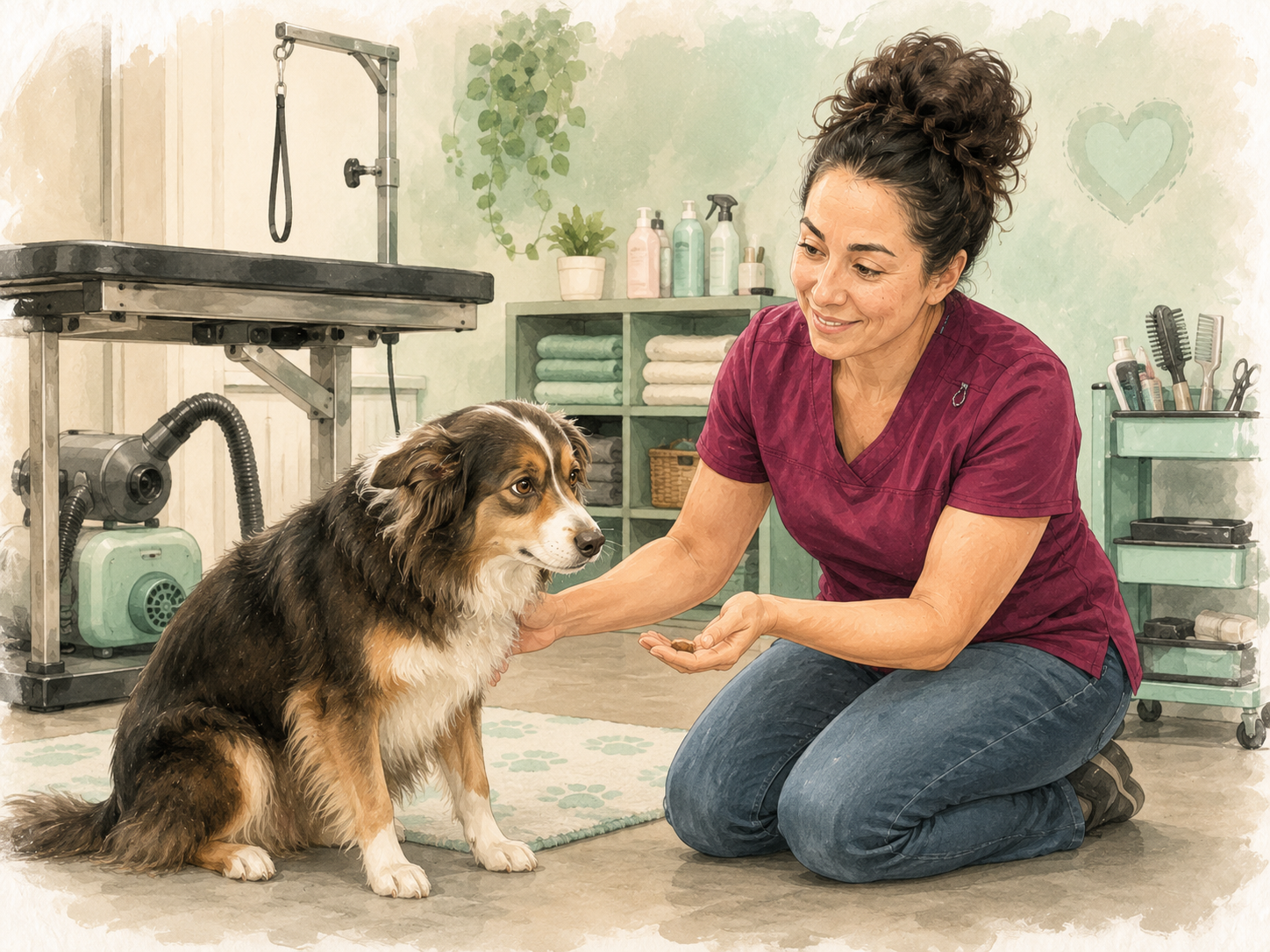 Vickey kneeling and gently building trust with a dog in a calm, welcoming grooming space