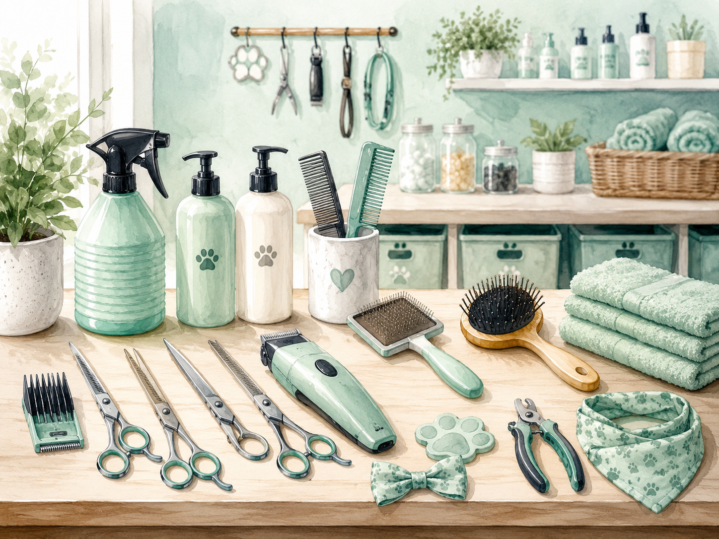 Professional dog grooming tools and supplies in a warm, mint-green workspace