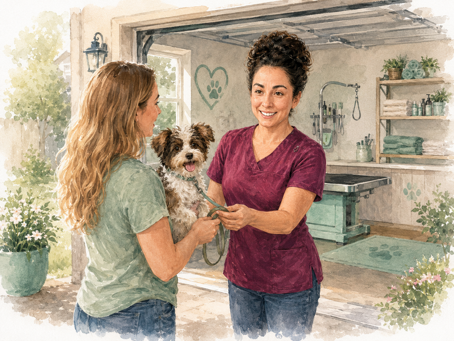 Vickey welcoming a dog and owner at the grooming station - warm, personal care moment