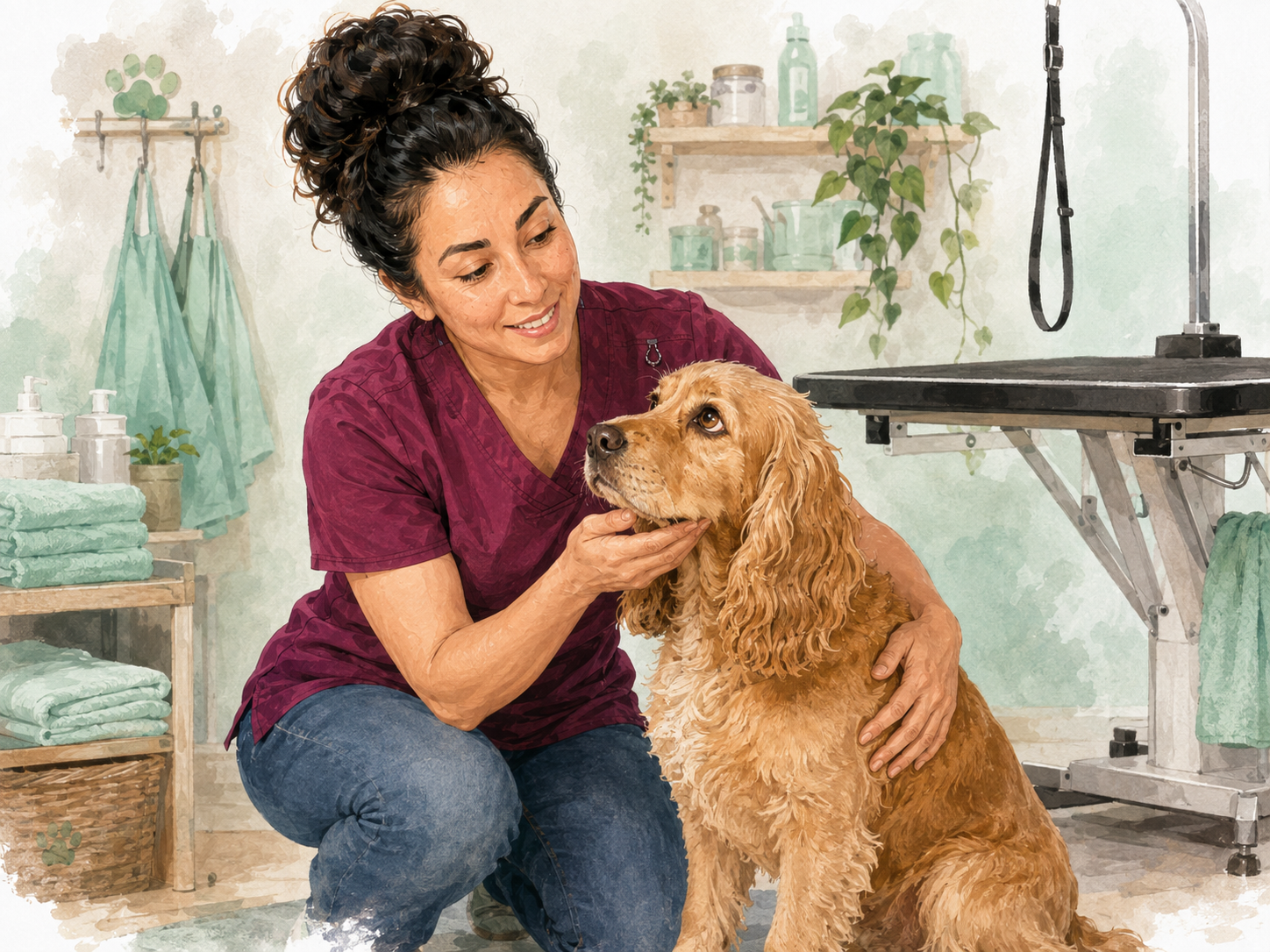 Vickey sitting calmly with a dog, building trust through patience