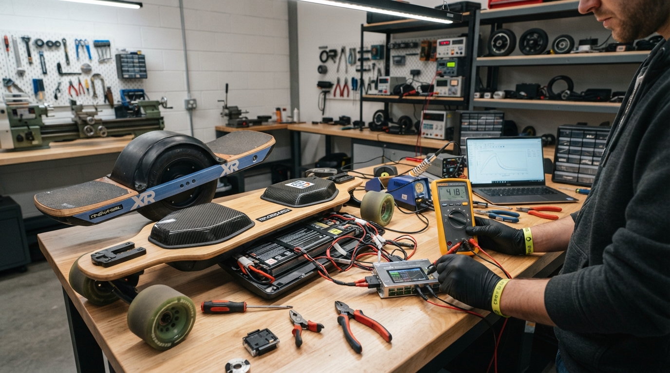 Electric skateboard and OneWheel on a repair workbench at Scooter Repair Winter Garden