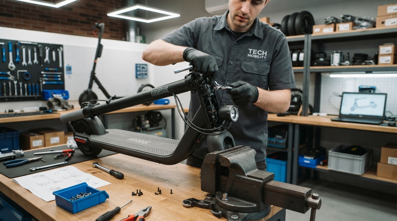 Segway Ninebot electric scooter being repaired on a workbench at Scooter Repair Winter Garden