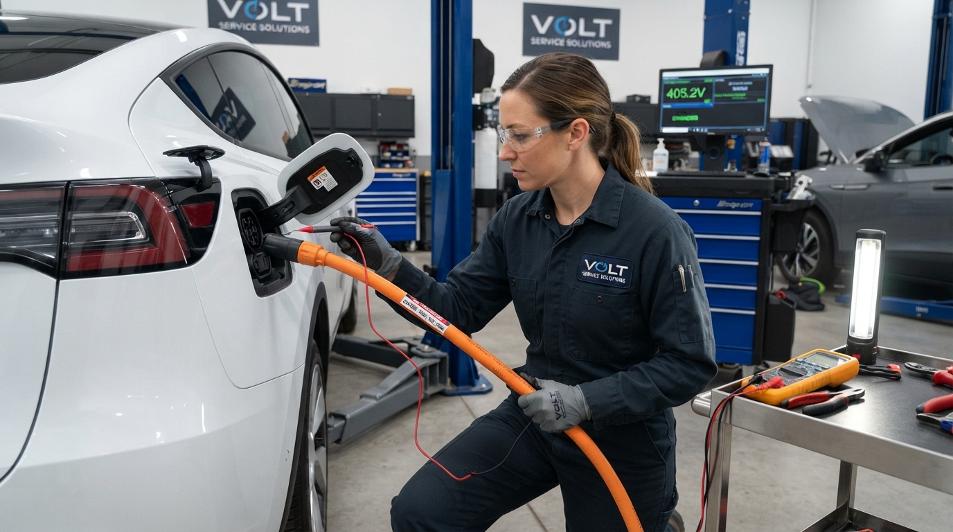 Electric vehicle charging port and high voltage cable being inspected at Scooter Repair Winter Garden