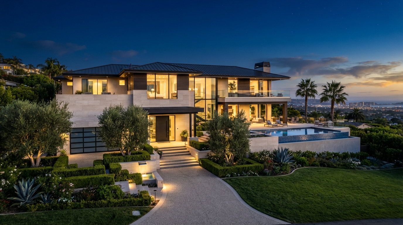 Modern luxury home exterior at golden hour