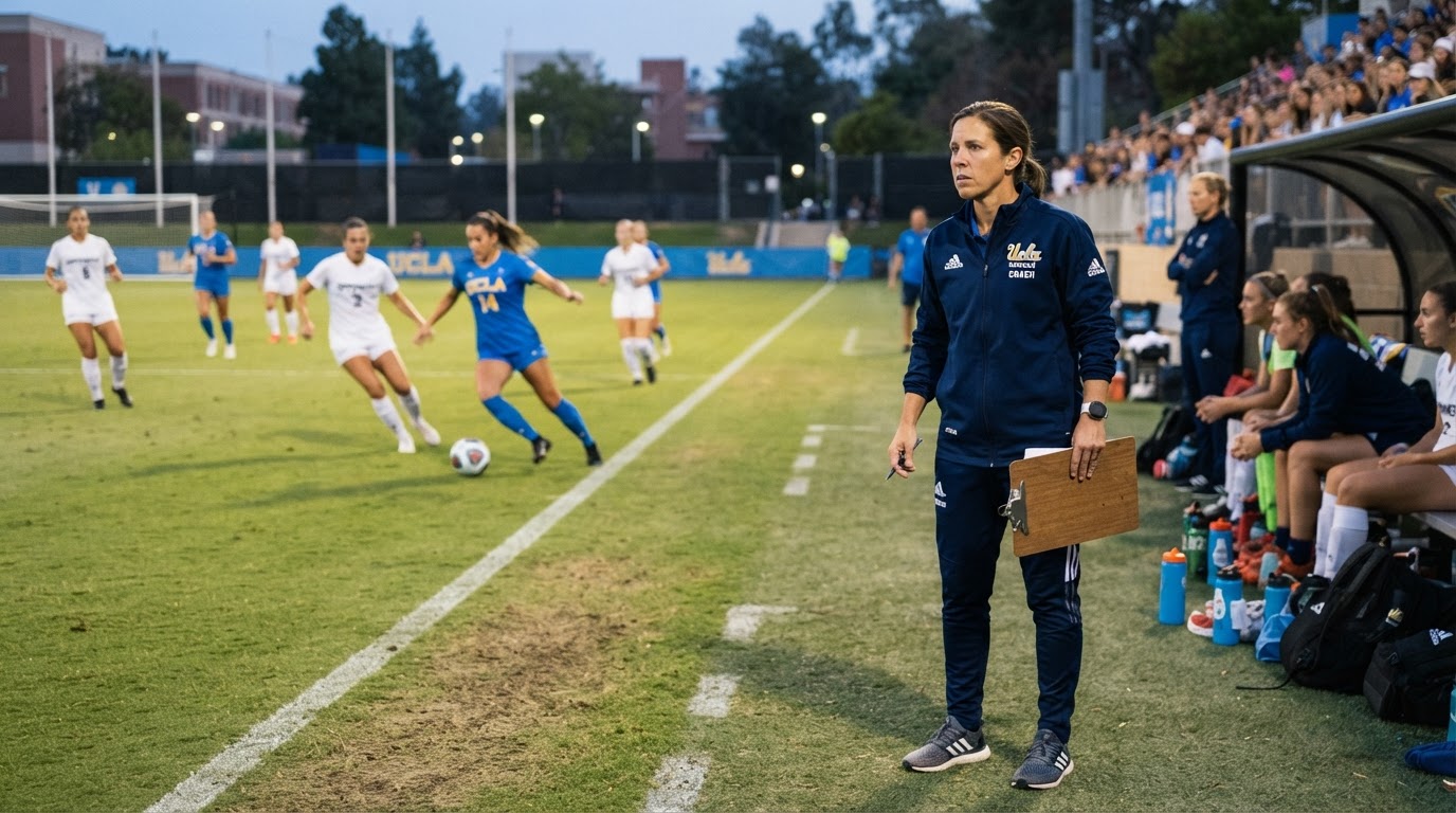 US college soccer coach watching players during a match