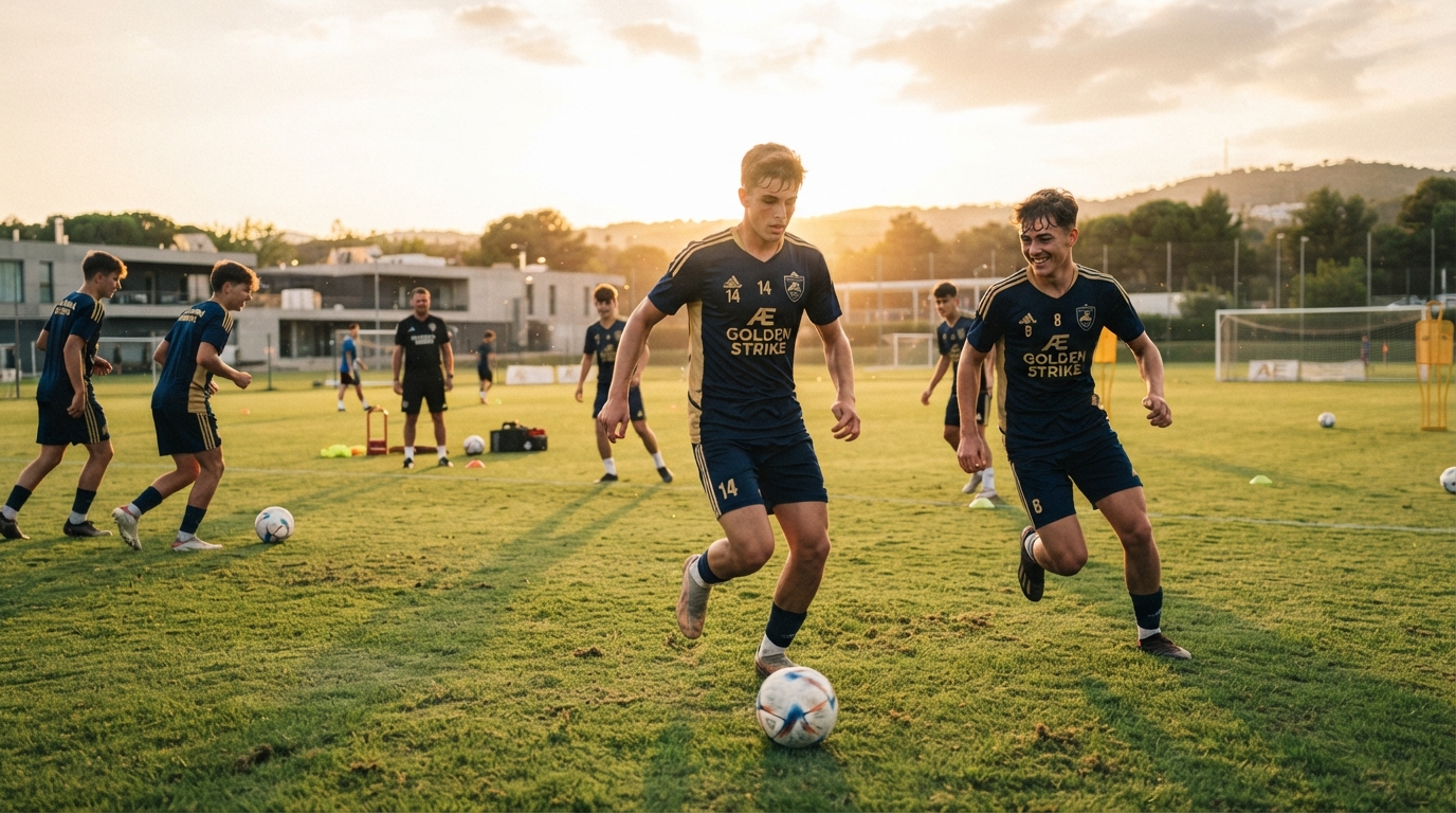 Young footballers training together at a European football academy during a gap year