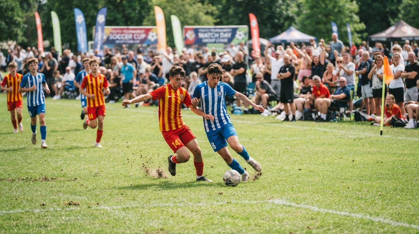 Two youth football teams competing in a tournament match on a grass pitch with spectators on the sideline