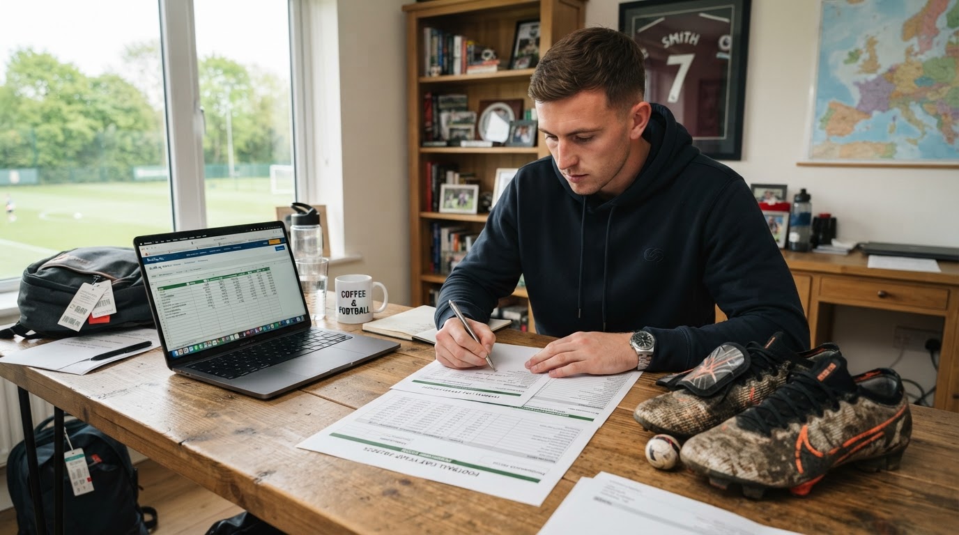 A footballer reviewing programme costs and budget documents with a laptop and boots