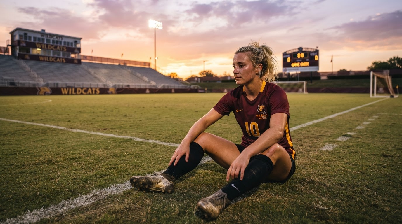 US college soccer player reflecting on their scholarship experience at sunset