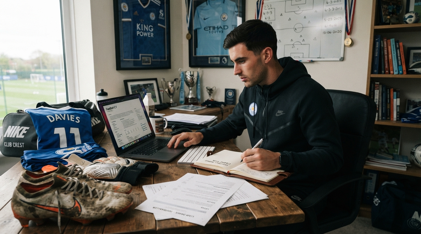 Soccer player writing a football CV at a desk