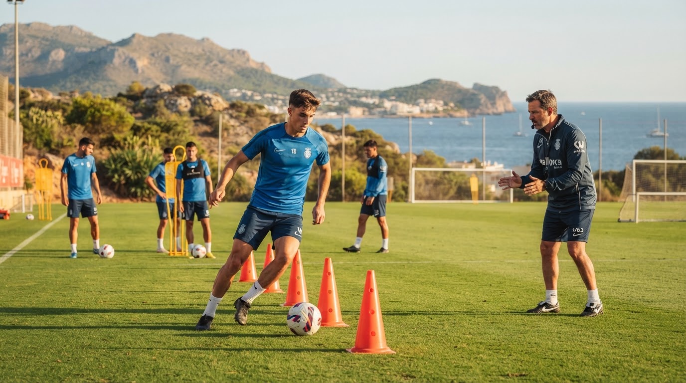 Football training session in Spain on a sunlit pitch with players dribbling past cones