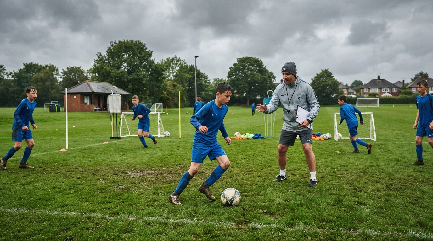 Football development session in England on a green UK pitch with young players training