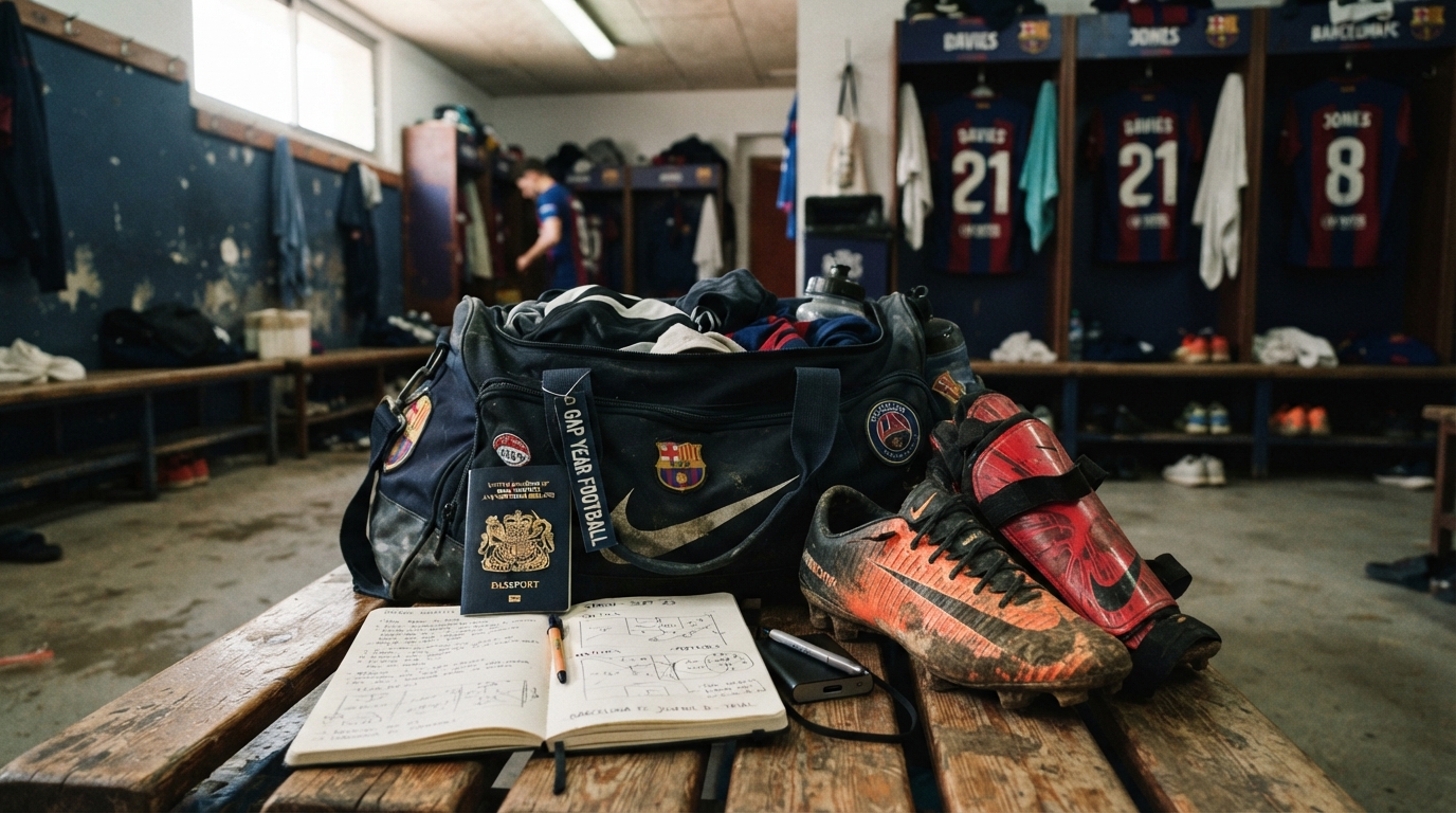 A packed football kit bag with boots, shin pads, passport and notebook representing what a gap year involves
